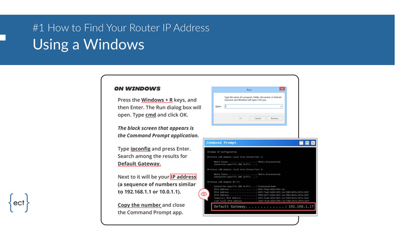 Directions for finding a router IP address using Windows.