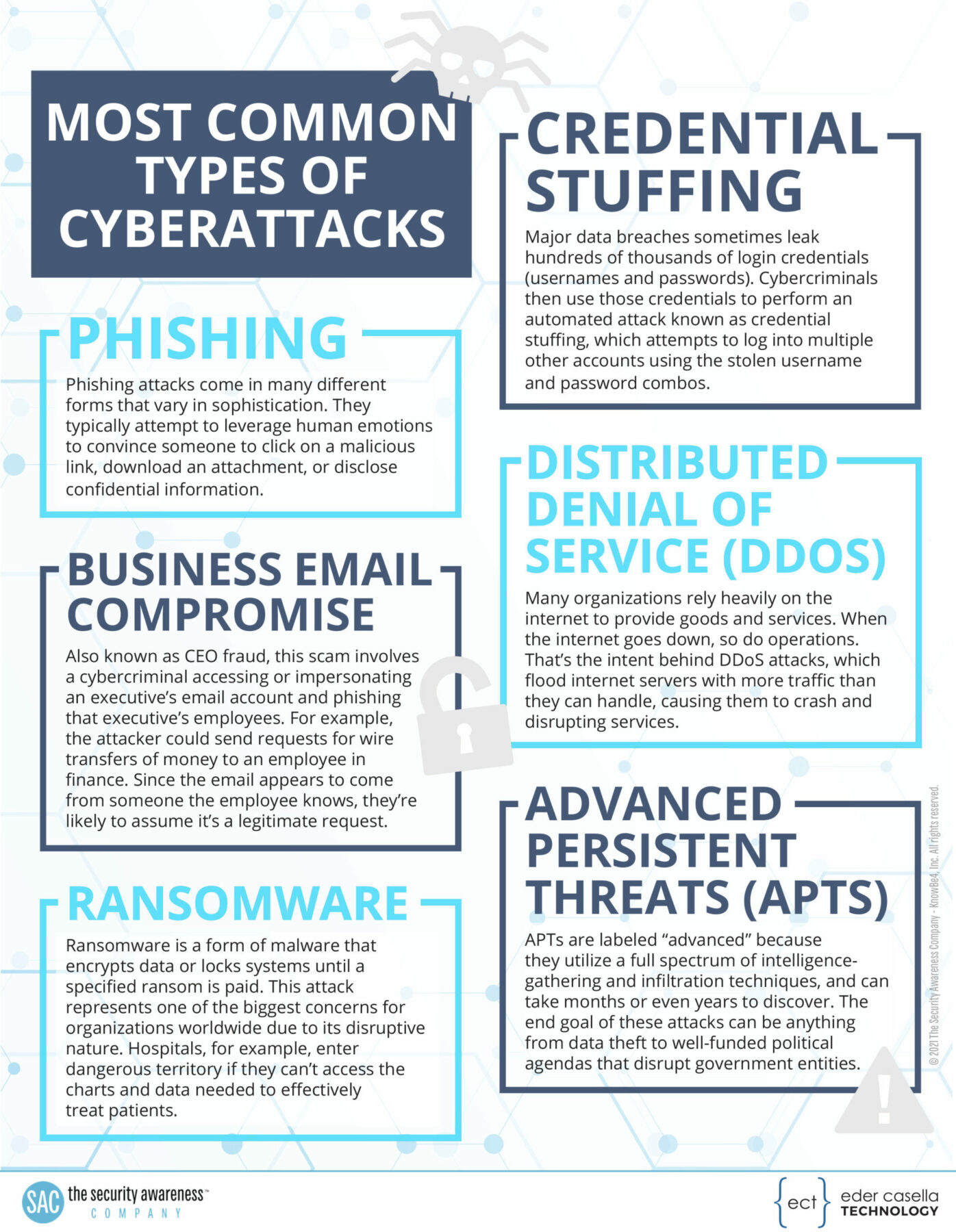 Examples of common cyberattacks including phishing, DDoS, and ransomware.
