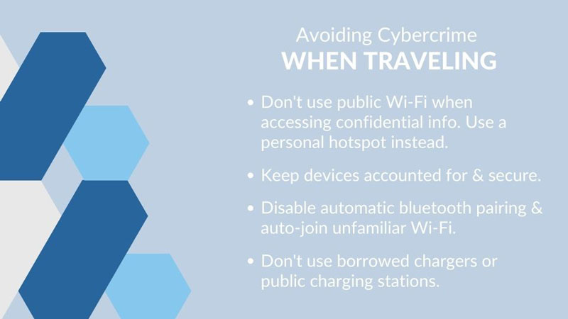 Tips for avoiding cybercrime while traveling.